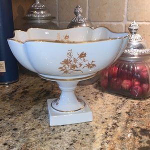 Vintage Limoges France Bowl with Pedestal White Gold Trim Gold Flowers